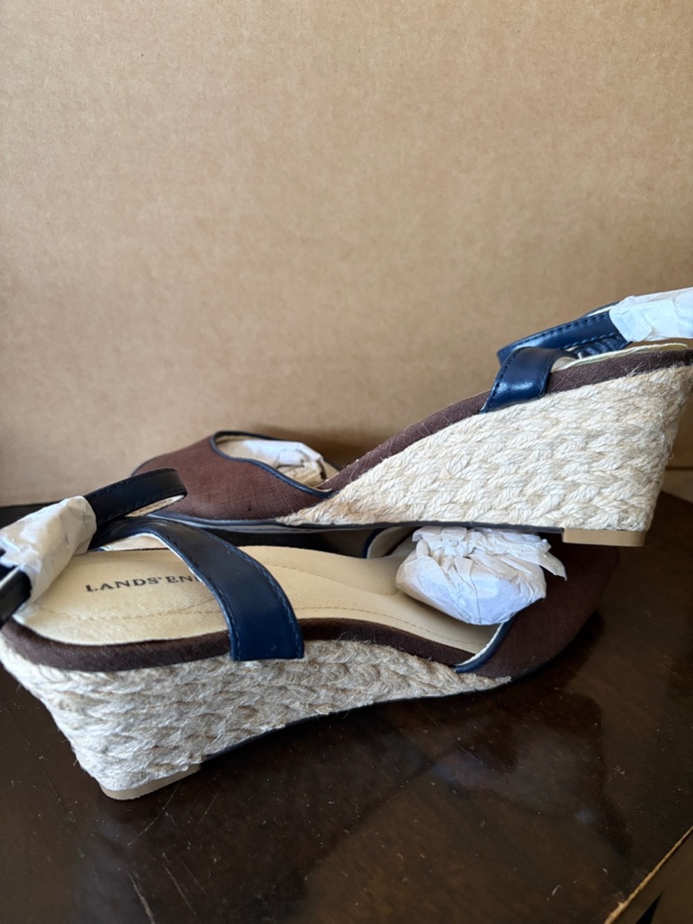 Lands' End Brown and Navy Espadrille Wedge Sandals, NWT, 8.5 medium